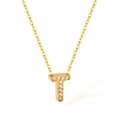Minimalist gold-plated stainless steel necklace featuring a crystal-set letter T pendant - Letter T (2588)