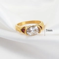 Macro detail of golden titanium ring with oval clear zircon and red gemstone accents - US 6 / Gold
