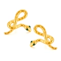 Golden snake-shaped stainless steel stud earrings with green zircon eyes in spiral design - Gold