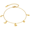 Goldenes Edelstahl-Fußkettchen mit Mond-, Kirsch- und Blumenanhängern auf weißem Grund - Goldener Stil (GZ227) / Gold