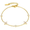 Elegant gold stainless steel bracelet with clover motifs and zircon stones on white background - Steel Bracelet (GS1728J) / Gold