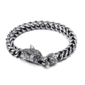 Bracciale punk vintage con testa di lupo in acciaio inossidabile e pietre blu negli occhi - Color Acciaio