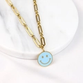 Golden paperclip chain necklace featuring a light blue smiley face pendant for women - Blue