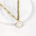 Golden paperclip chain necklace with a white round smiley face pendant for women - White