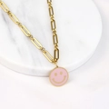 Pink enamel smiley face pendant on a gold-plated paperclip chain necklace for women - Pink
