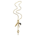 Gouden paperclip ketting met vis, parel, maan en met diamant bezette letter I-bedels - Letter I Ketting