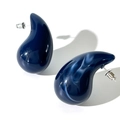Macro detail of blue marbled acrylic waterdrop stud earrings with silver-tone metal posts - Dark Blue