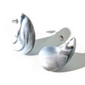 Macro detail of teardrop acrylic earrings with monochrome marble pattern and silver studs - Grayish White