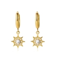 Gold hoop earrings featuring a starburst pendant with white marble stone and zircon - Starburst Marble Pattern Style (SE21052007W) / Gold