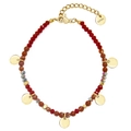 18K vergulde roestvrijstalen armband met rode kralen en ronde gouden hangers - Rode Stijl (SB210102R)