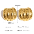Macro-opname van 18K vergulde roestvrijstalen hartoorbellen met afmetingen en productnr - Gouden Afgerond Gestrept Stijl (SE010151) / Goud