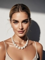 Close-up of minimalist large pearl necklace and silver hoop earrings on a model - Off White