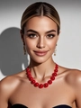 Detailed view of red pearl choker necklace and gold tassel earrings on model - Red