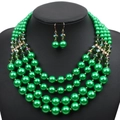 Vintage style four-layer emerald green pearl necklace set with matching drop earrings - Green