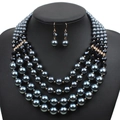 Elegant multi-layer dark grey faux pearl necklace set with black beads and gold accents - Gray