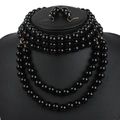 Detail of elegant multilayer black pearl necklace set with matching hook earrings - Multi-layer Beaded Jewelry Set / Black