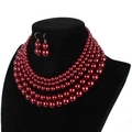 Elegant burgundy multi-layer faux pearl necklace set with matching drop earrings - 4-Layer Set / Dark Red