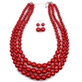 Parure de collier de perles rouges à trois rangs et boucles d'oreilles avec fermoir argent - Rouge
