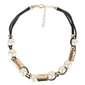 Elegant woven necklace with large faux pearls and gold hammered metal accents for women - Gold