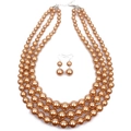Parure collier à trois rangs de perles bronzes et boucles d'oreilles assorties - Café