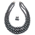Ensemble collier de perles gris foncé à trois rangs avec boucles d'oreilles assorties - Gris