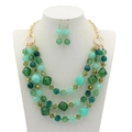 Collier plastron multicouche en perles de résine et boucles d'oreilles tons verts - Parure Collier Perles Quatre Rangs Boucles d'Oreilles / Vert