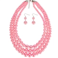 Ensemble collier trois rangs en perles roses et boucles d'oreilles assorties - Rose