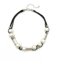 Fashion woven multi-strand black cord necklace with large faux pearls and silver beads - Silver