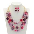 Parure collier multi-rangs en résine et boucles d'oreilles rose et violet avec détails dorés - Parure Collier Perles Quatre Rangs Boucles d'Oreilles / Violet