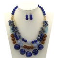 Set collana multistrato boho con perline blu e marroni e orecchini abbinati - Blu