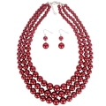 Parure de bijoux pour femme avec collier de perles rouge foncé à trois rangs - Bordeaux