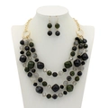 Parure collier multi-rangs et boucles d'oreilles avec perles vertes et noires - Parure Collier Perles Quatre Rangs Boucles d'Oreilles / Noir