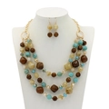 Collier plastron multicouche avec perles en résine en turquoise et tons terreux - Parure Collier Perles Quatre Rangs Boucles d'Oreilles / Café