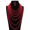 Parure collier multi-rangs en perles rouges et boucles d'oreilles pendantes - Rouge Perle
