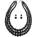 Parure de bijoux en perles noires à trois rangs avec boucles d'oreilles assorties - Noir
