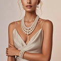 Parure de bijoux en perles à plusieurs rangs avec collier, boucles d'oreilles et bracelet - Blanc (8880)