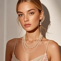 Ensemble collier de perles à trois couches avec boucles d'oreilles assorties sur un mannequin - Blanc (9340)