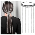 Cerchietto nero con cinque lunghe nappe a catena metallica argento per acconciature donna - Argento