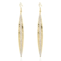 Golden brushed metal leaf earrings with silver glitter stripes and fishhooks - Long Leaf Shape (F6520)