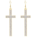 Orecchini pendenti dorati con ciondolo a croce e inserto in glitter argento scintillante - Croce a Striscia Lunga Verticale (F6440)