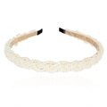 Diadema trenzada elegante con perlas blancas y forro interior de tela en color marrón claro - Estilo de Perla Trenzada (9500-7)