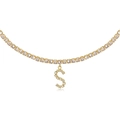 Close-up of gold S-letter pendant necklace featuring sparkling paved cubic zirconia - S Gold