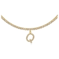 Detail of gold-plated tennis chain with sparkling CZ letter Q pendant on white background - Q Gold