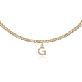 Golden tennis chain necklace featuring a sparkling iced-out letter G pendant with crystals - G Gold