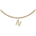 Gold tennis chain necklace with a sparkling pavé crystal letter N pendant - N Gold