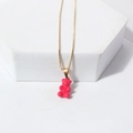 Charming rose red gummy bear pendant on a thin golden box chain necklace for women - Red