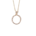 Close-up of gold plated necklace with circular pendant set with baguette cut cubic zirconia - Letter O