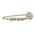 Fashion gold alloy safety pin with sparkling rhinestones and blue evil eye charms - Evil Eye Row Style (F16270-3)