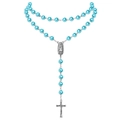 Light blue pearl rosary necklace with silver cross pendant and Virgin Mary medal - Blue