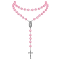 Pink pearl necklace with silver-toned crucifix cross and religious icon pendant - Pink